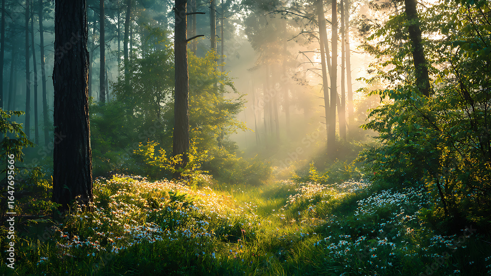 Fototapeta premium Golden Sunbeams Piercing Through Fog in a Lush Forest with Blooming Wildflowers