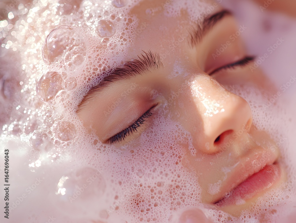 Fototapeta premium Photo of woman washing face with foamy cleanser, emphasizing skincare, self-care, and fresh, rejuvenated skin