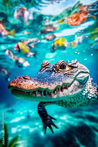 Wallpaper Mural A large alligator swimming in the ocean with many fish around it Torontodigital.ca