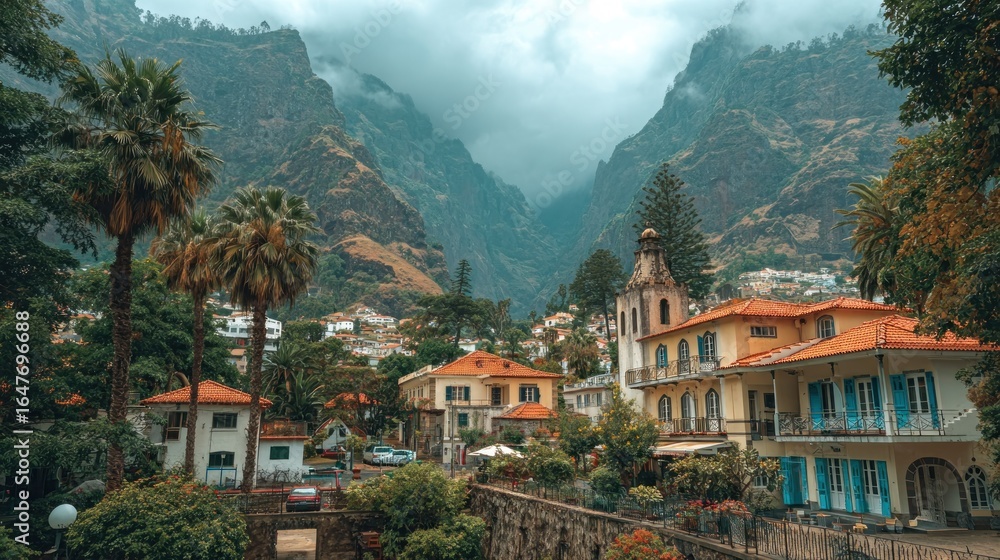 Fototapeta premium Mountain town nestled in a valley