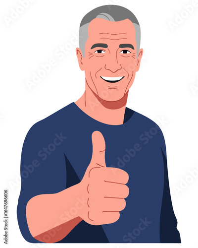 Happy Middle-Aged Man with Gray Hair Giving Thumbs Up Gesture in a Positive Expression
