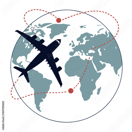 Airplane flying around the world, symbolizing global travel and international destinations isolated on white background