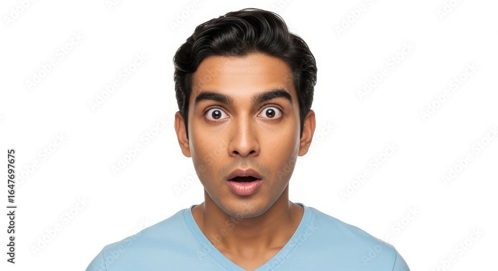 Fototapeta premium A man with a surprised expression and wide eyes looking at the camera on a white background studio shot