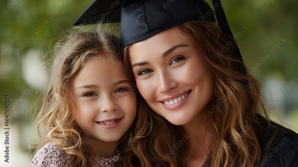 Fototapeta premium Joyful mother and daughter celebrating graduation together