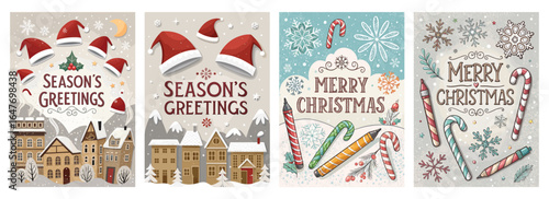 Set of festive holiday cards featuring cheerful designs and seasonal motifs in bright colors.