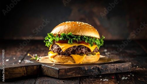 Schilderij op canvas Juicy gourmet burger with melted cheddar cheese, fresh lettuce, and tomato on a