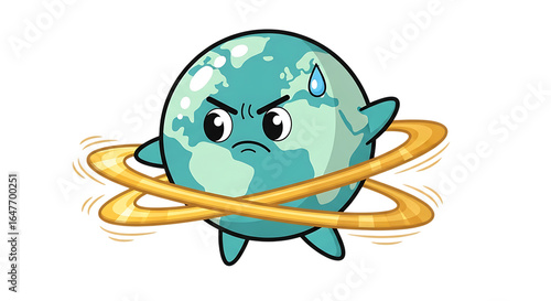 Earth character with a determined expression surrounded by a golden ring emphasizing its importance and resilience in a cartoon style