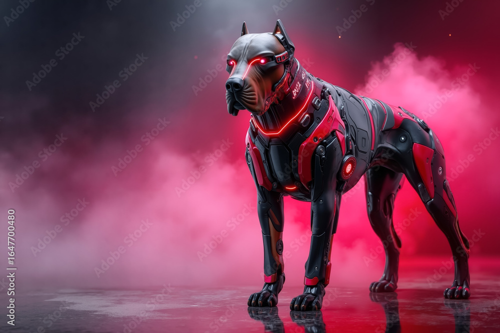 Naklejka premium A dog in a red and black suit standing in front of a red background