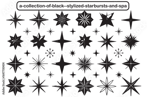 Collection of black stylized starbursts and sparkles in various shapes and sizes silhouette