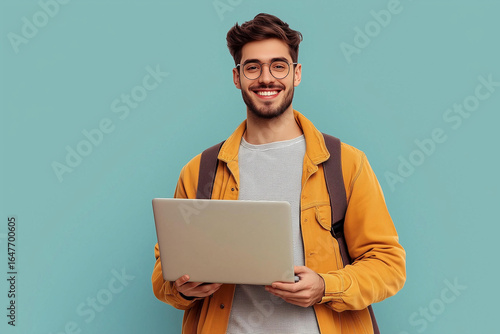 Portrait of young modern man standing holding laptop. Smiling handsome guy with wireless computer in casual clothes, male student or freelancer with notebook studying and working online