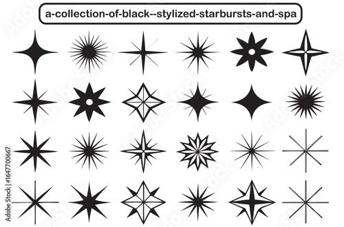 Collection of black stylized starbursts and sparkles in various shapes and sizes silhouette