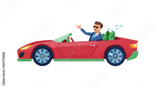 Cartoon man driving convertible car to luxury home in suburbs near city skyline vector illustration