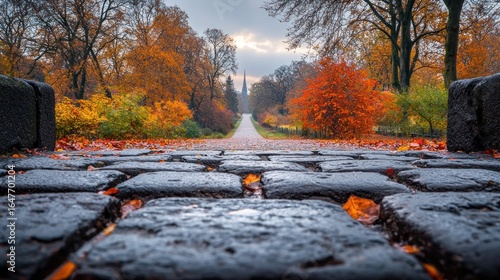 Autumnal path through a park.  A wet cobblestone walkway leads into a colorful autumnal park.  Sunlight peeks through the trees