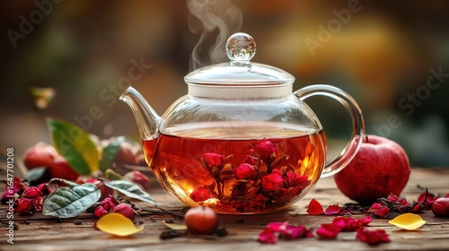 Autumnal tea in glass teapot, steaming
