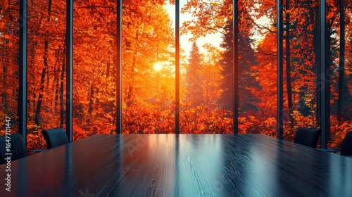 Autumnal forest view from a modern conference room