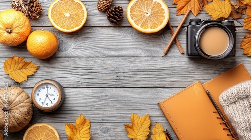 Autumnal scene on a grey wooden surface