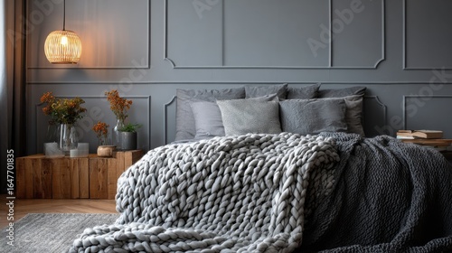 knit blanket on kingsize bed in natural warm bedroom of modern apartment in soft gray and blue colors no logos no brands ar 169