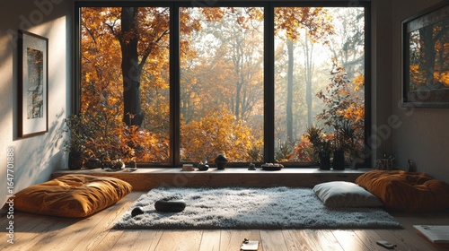 Autumnal serenity in a modern zen room. Sunlight streams through large windows showcasing a vibrant fall forest