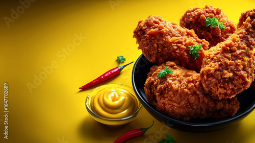 A bowl of fried chicken with mustard and chili peppers on a yellow background
