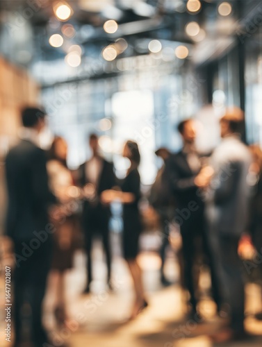 a blurred networking event with business professionals in formal attire gathered in a modern office or event space engaging in conversation