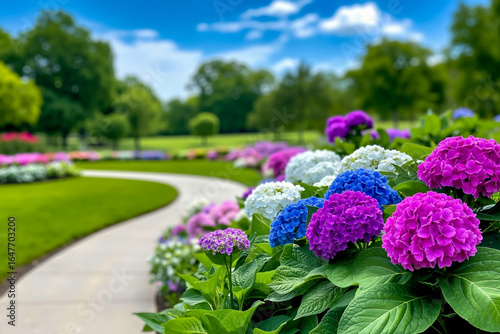 A flower bed with purple and blue flowers in the middle of a park
