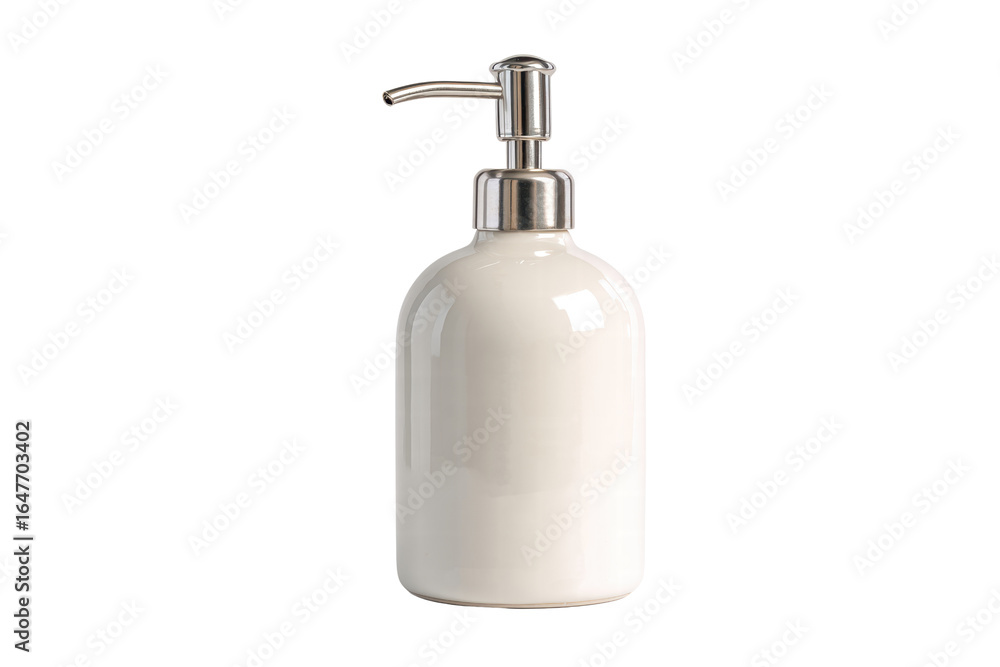 Fototapeta premium A white bottle with a silver top sits on a white background. The bottle is empty and has a silver cap