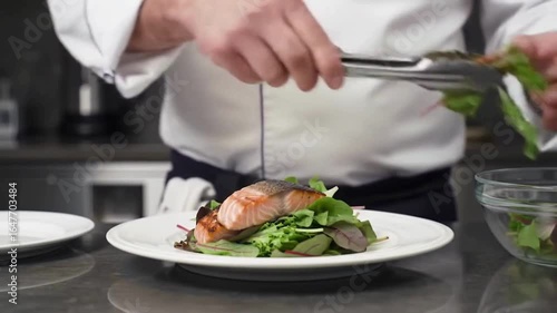 Wallpaper Mural Chef plating grilled salmon with salad using tongs in a professional kitchen setting Torontodigital.ca