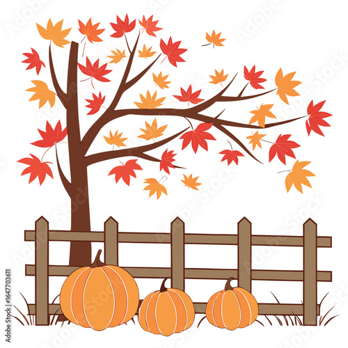 Autumnal shows pumpkins, maple tree with falling leaves, and a rustic wooden fence