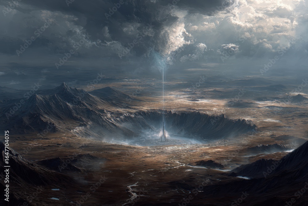 Fototapeta premium Dramatic Landscape with Tower and Light Beam in Crater Valley