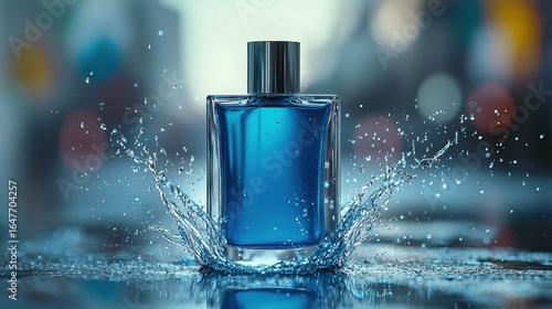 Blue perfume bottle, water splash