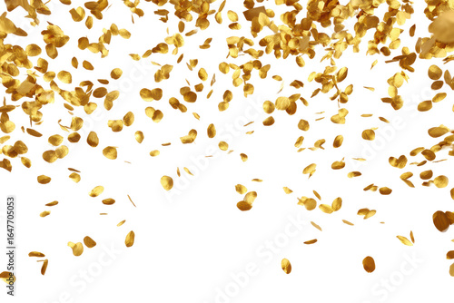 A gold colored pile of confetti is falling from the sky. The confetti is scattered all over the image, creating a sense of celebration and joy