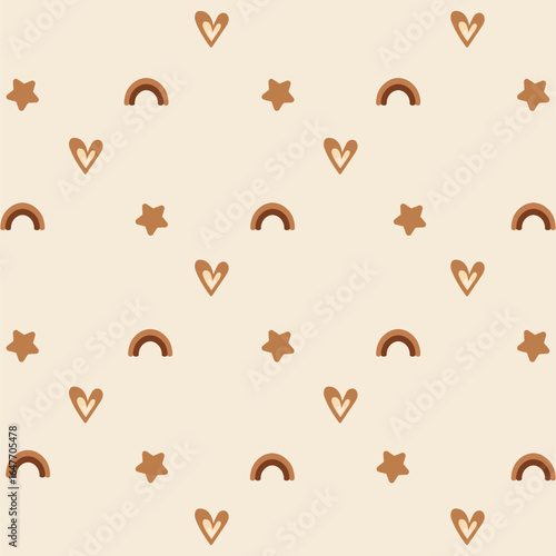 Cute boho rainbow seamless pattern with hearts and stars. For baby shower, nursery décor and textile