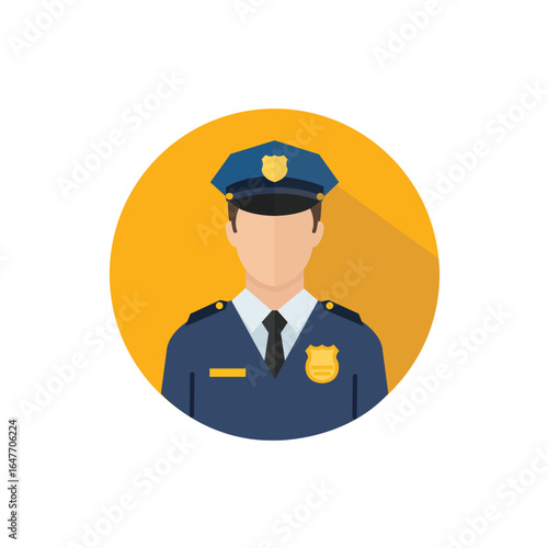 Flat Design Vector Illustration of Police Officer Avatar in Uniform with Cap and Badge, Law Enforcement Icon in Yellow Circle Background for Security and Safety Concept