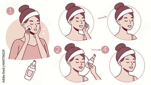 Step-by-step guide illustrating a woman's simple skincare routine, including cleansing and moisturizing.