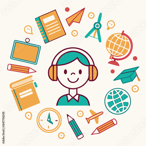 Cheerful student with headset surrounded by learning tools creates a bright study atmosphere