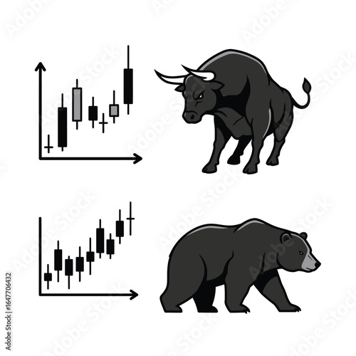 Bull and bear market financial trading charts on a white background