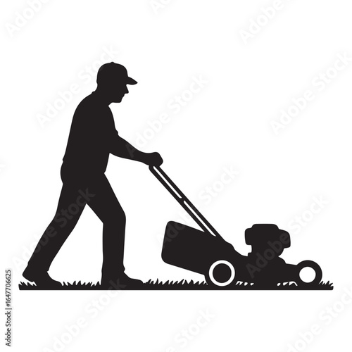 Man Mowing Lawn with Grass Cutter Silhouette Icon