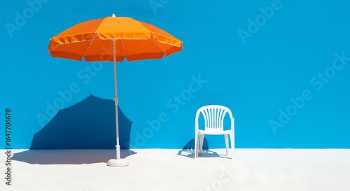 Bright orange umbrella with white chair