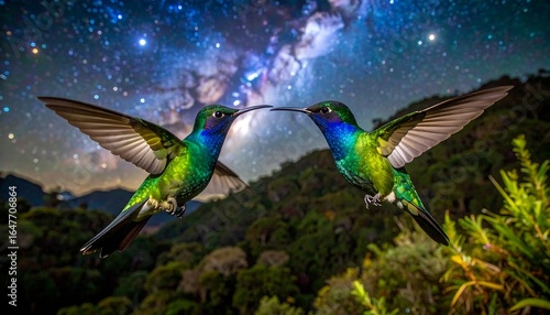 Two hummingbirds in flight against a night sky filled with stars and a milky way