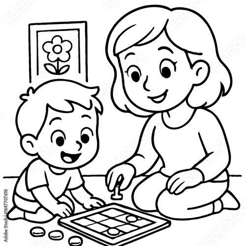 A cheerful mother and son happily playing a fun board game together on the living room floor.