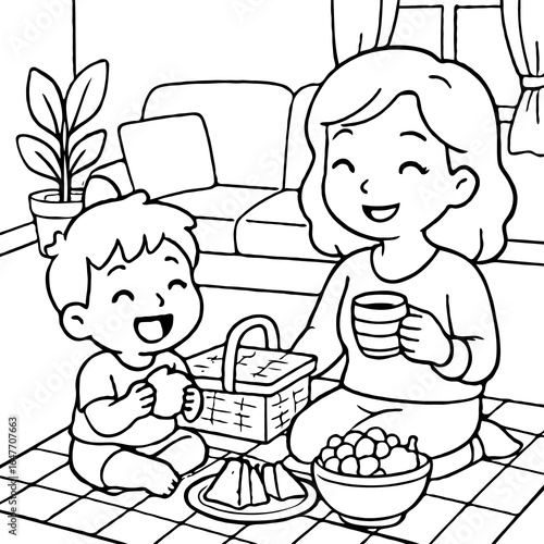 A joyful mother and her young son happily baking a delicious cake together in the kitchen.