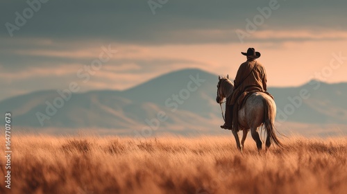 Cowboy on horseback gazing into the distant mountains during sunset in a serene grassland