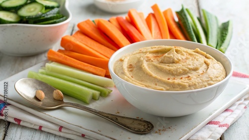 Delicious homemade hummus served with fresh carrot and cucumber sticks for a healthy snack