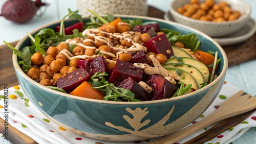 Hearty salad inspired by African flavors featuring vibrant vegetables and chickpeas
