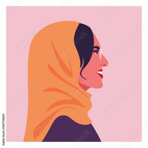 Portrait of a happy muslim woman with eyeglasses. Profile of a smiling mother in a headscarf. Middle Eastern. Side view. Vector flat illustration