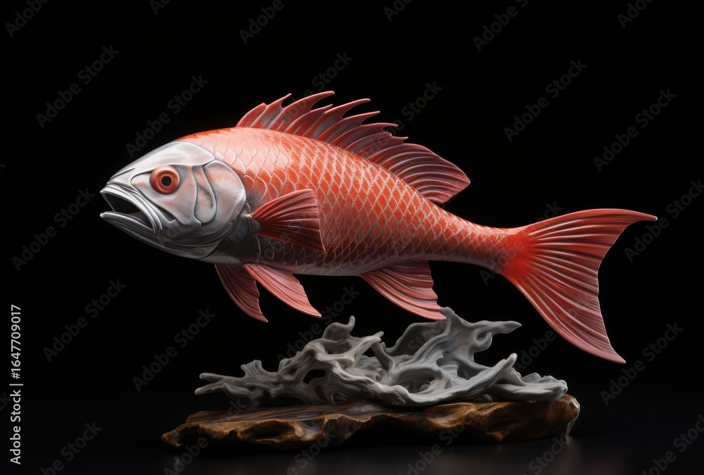 Fototapeta premium A beautifully crafted red fish sculpture displayed on a natural wood base against a black background.