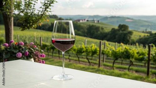 Wallpaper Mural Sleek glass of red wine on a table overlooking lush vineyards during a warm afternoon Torontodigital.ca