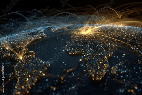 Wallpaper Mural Global Network Connectivity: World Map with Glowing Connections and Data Flow on Dark Background Torontodigital.ca