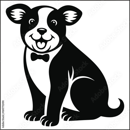 Vector illustration of cute black and white dog wearing a bow tie isolated on white background