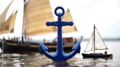 A blue anchor in the water with two sailboats in the background on a bright and sunny day scene